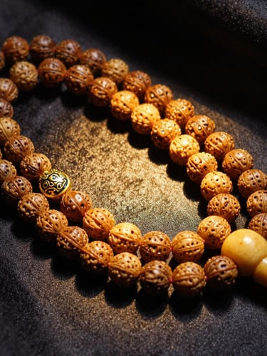Extreme close-up of a high-altitude 108-bead Rudraksha mala resting on rich dark silk, illuminated by a single dramatic golden light source casting deep shadows.