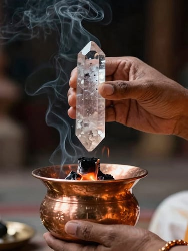 Close-up of hands of a Vedic priest holding a raw clear quartz crystal over a sacred copper vessel during a fire ritual, glowing embers and soft smoke in a dark temple setting