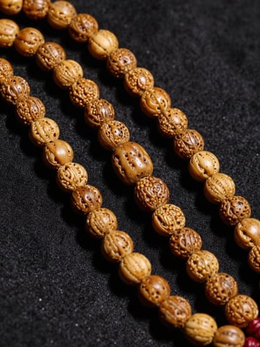 Extreme macro close-up of a premium 108-bead high-altitude Rudraksha mala resting on a bed of heavy black silk, dramatic directional gold lighting highlighting the natural texture