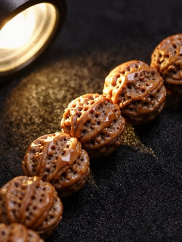 Extreme macro photograph of an authentic multi-faceted Rudraksha bead resting on dark black silk under a single dramatic gold spotlight, highlighting every deep natural crevice