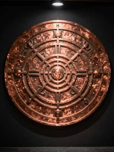 Symmetrical top-down view of a thick copper Vastu Yantra, precisely engraved with sacred geometry lines, gleaming under a single spotlight in a dark room