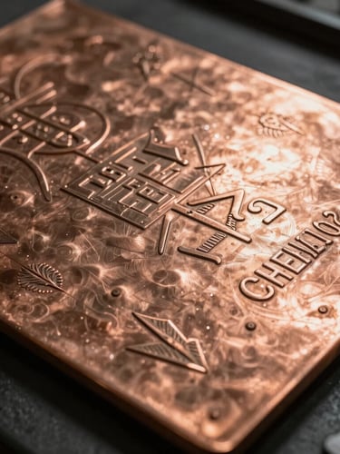 Portrait composition of a heavy copper plate being inspected, sharp focus on the precise millimeter-level metallic engravings, dramatic golden starlight illumination, dark background.