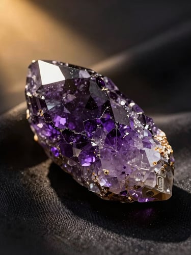 An extreme close-up of a raw deep violet amethyst crystal with intricate geometric inclusions, resting on dark black silk, lit by a single dramatic golden starlight beam from the side, casting deep shadows.
