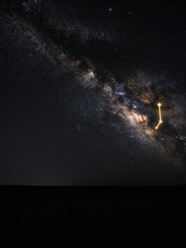 Wide panoramic deep charcoal void, a razor-sharp metallic gold constellation glowing softly to the right, high-contrast chiaroscuro lighting, deep shadows, macro detail.