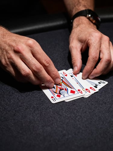 Close-up of professional hands dealing cards with absolute precision on a dark felt table, sharp focused spotlight, low-key lighting