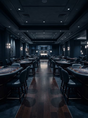 Symmetrical, empty high-end gaming floor on the right, dramatic low-key lighting, deep navy and slate tones, crisp focus, 50mm
