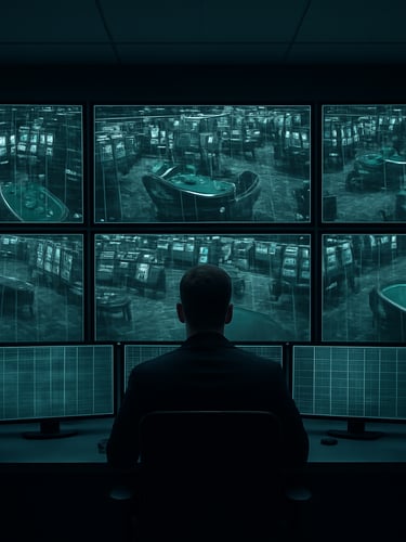 Symmetrical wide shot of a modern casino surveillance control room, clean monitors displaying abstract green and gray security grids, cool-toned ambient light, 50mm.