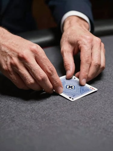 Tight macro shot of professional hands dealing cards with absolute precision on a slate gray felt table, sharp focused spotlight, low-key dramatic lighting, 50mm.