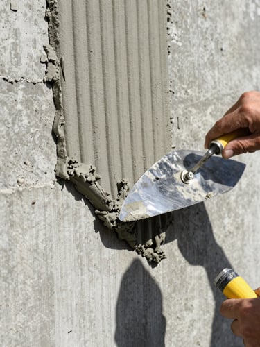 Close-up of a mason's hands using a notched steel trowel to spread ribbed gray mortar on a concrete wall, crisp ridges, bright direct daylight, high-contrast concrete texture, 35mm