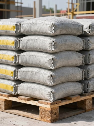 Low-angle industrial shot of Tixcola mortar bags stacked on a wooden pallet inside a bright construction site, direct sunlight, concrete textures