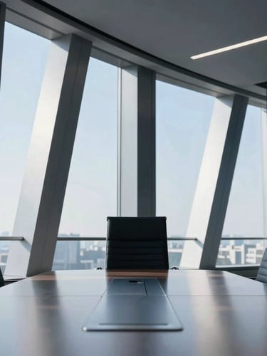 A high-end corporate boardroom with sharp geometric lines, crisp daylight streaming through large windows, cool silver and navy tones, an empty chair at a polished conference table, architectural framing.