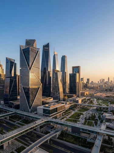 Wide panoramic view of modern Riyadh skyline at golden hour, focusing on the King Abdullah Financial District (KAFD) towers, sharp architectural lines, crisp daylight, cool navy and silver tones, architectural framing.
