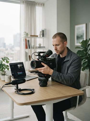 A professional male creator adjusting high-end camera gear in a bright, minimal modern office with soft natural daylight, desaturated tones with subtle green accents.