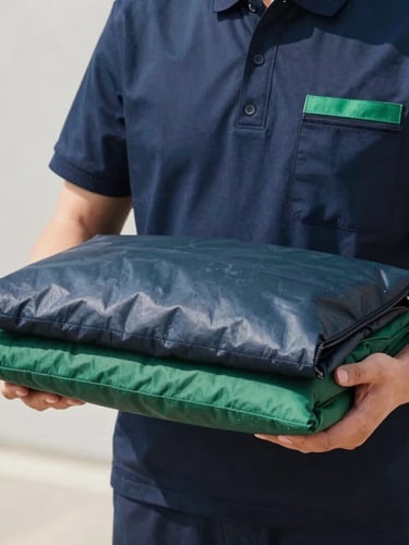 Elegant close-up of a professional courier in a clean navy uniform holding a perfectly pressed garment in a protective garment bag, bright daylight, 35mm