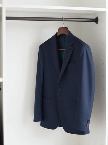 A pristine, perfectly pressed bespoke navy suit hanging on a custom dark wooden hanger inside a minimalist white wardrobe, bright natural daylight, 35mm editorial photography.