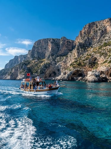 Wide shot of the Noel boat approaching the dramatic cliffs of Sazan Island, turquoise water, bright Mediterranean sunlight, deep blue sky