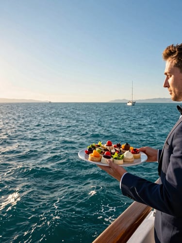 Candid shot of a server presenting a tray of elegant appetizers on The Noel boat deck, with the sun setting over the Adriatic-Ionian confluence in the background, vibrant maritime photography, deep turquoise and navy tones.