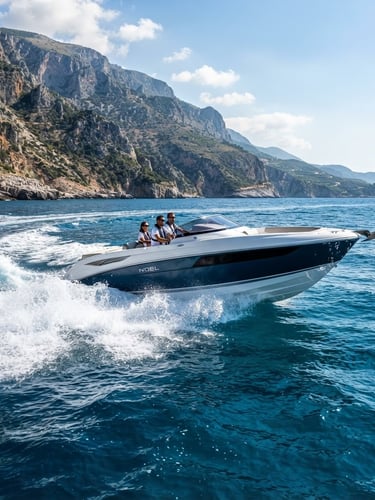 Noel speedboat cutting through deep blue water, spray off the bow, dramatic Karaburun cliffs in the background, bright Mediterranean sunlight, wide-angle lens, low horizon, dynamic action shot.