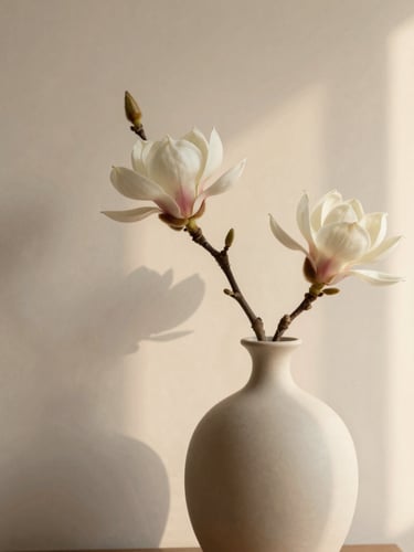 Close-up of a sculptural ceramic vase holding a single Japanese magnolia branch, soft shadows on a warm plaster wall, elegant minimalist composition