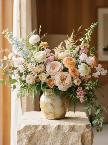 A sculptural floral arrangement in a ceramic vase on a sand-colored stone pedestal, soft morning window light, warm editorial photography, shallow depth of field