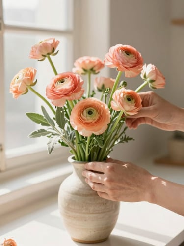 Florist hands arranging delicate peach ranunculus and sage stems in a ceramic vase, sunlit Al Faseel studio background, warm editorial
