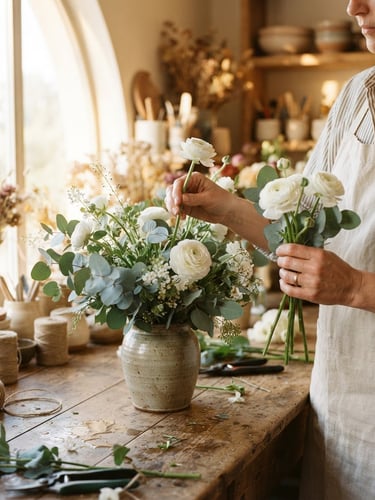 Hands of an artisan arranging delicate eucalyptus and white ranunculus stems in a sunlit Al Faseel studio, soft morning light, warm tones