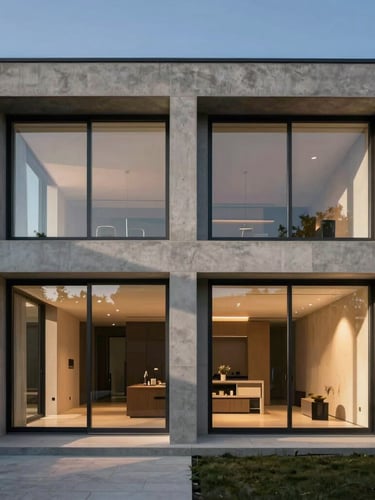 Symmetrical architectural shot of a modern concrete and glass home exterior at dusk, warm interior lights casting clean geometric shadows, 35mm photography