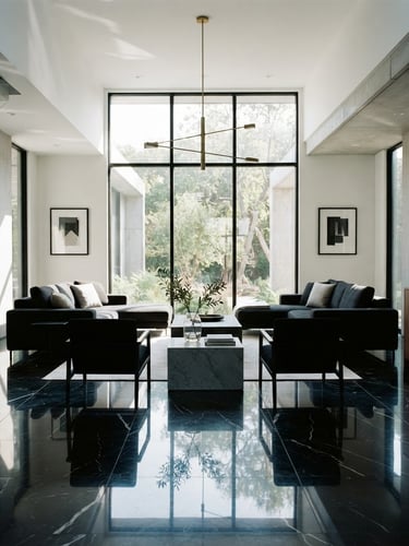 Symmetrical modern living room with sharp reflections on polished dark marble floors, dramatic natural window light casting clean shadows, crisp architectural lines, 35mm photography
