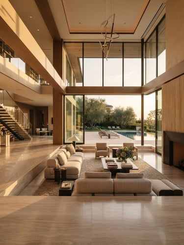 Wide-angle interior view of a modern luxury estate, honed marble floors, high ceilings, structural lines emphasized by crisp daylight, warm champagne tones, deep shadows, editorial style.