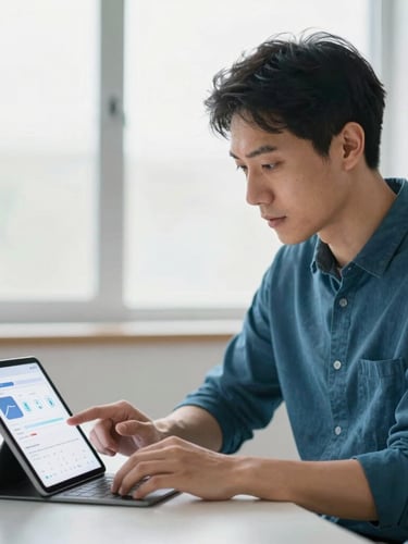 Candid, professional portrait of an investor in a calm, natural-light workspace, looking at a clean digital interface on a modern tablet, 35mm