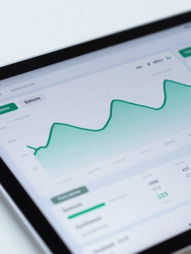 Crisp macro shot of a dark-mode investment dashboard on a high-end tablet, displaying clean emerald green performance curves and minimalist data metrics, cool blue tones, bright natural side light.