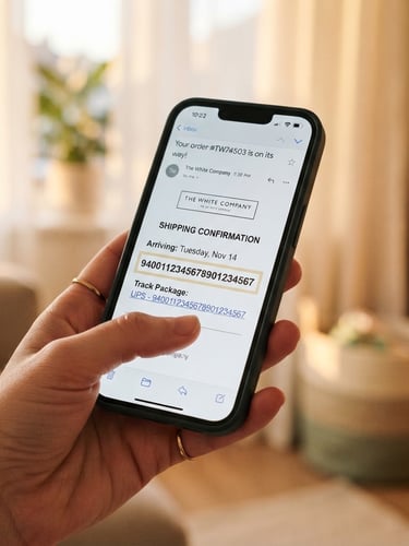 Close-up of a hand holding a smartphone displaying a shipping confirmation email with a tracking number highlighted, soft golden-hour window light, muted cream and champagne tones, shallow depth of field, 35mm