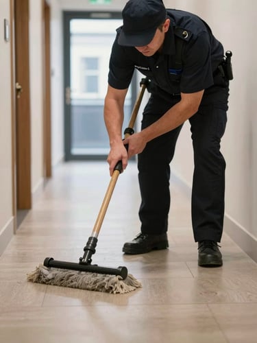 Close-up action shot of a uniformed Arden operative mopping a hard floor in a corridor of a London property — professional workwear visible, natural daylight from a window at the far end, documentary framing showing task in progress