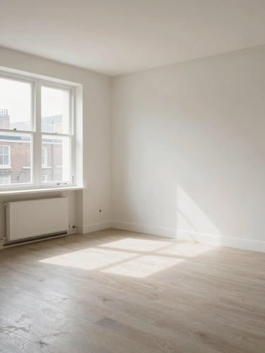 Wide environmental shot of a vacant London flat reception room, freshly cleaned — pale walls, bare floors, bright natural daylight from a large window to the left, clinical clarity showing every surface spotless and ready for viewing