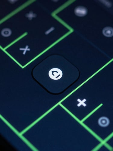 Macro close-up of a dark-mode UI design system, showing crisp button components and clean layout grids glowing in neon green and deep blue light, 35mm.