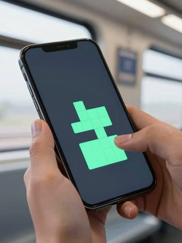 An angled close-up of hands holding a phone playing a minimalist neon puzzle game on a subway train, natural overcast light filtering through windows