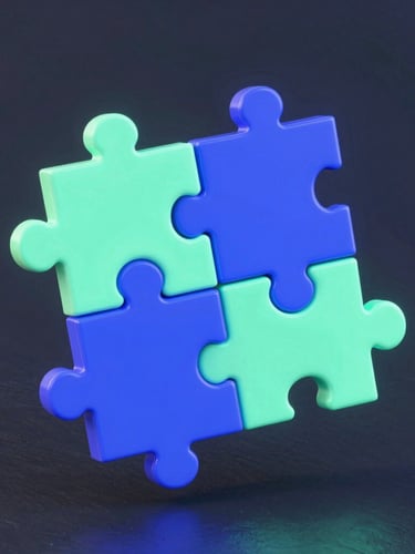 Vibrant 3D digital render of glowing neon puzzle blocks floating on a deep slate background, crisp digital studio lighting, electric indigo accents
