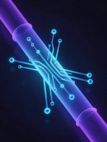 Sleek 3D render of abstract glowing data nodes flowing through a translucent circuit pipeline, deep indigo and cyan light, sharp focus, dark background