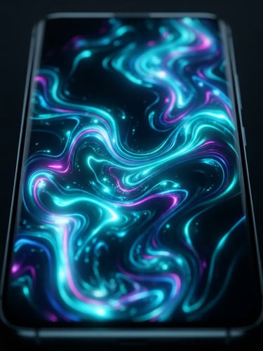 Macro close-up of a sleek Android device screen showing vibrant neon cyber-teal fluid UI animations, high-contrast dark studio lighting