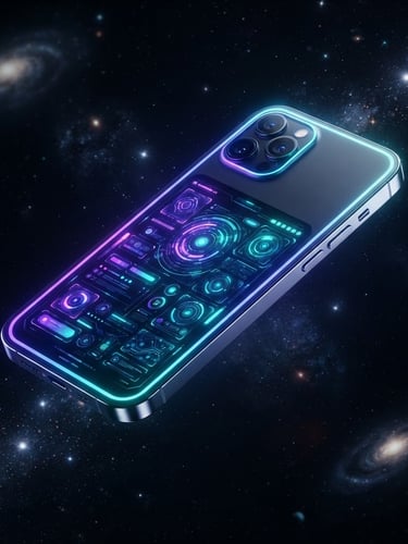 Sleek 3D render of a high-fidelity Android smartphone mockup floating in deep space, vibrant electric indigo and cyber teal neon glow, macro screen details, sharp studio lighting