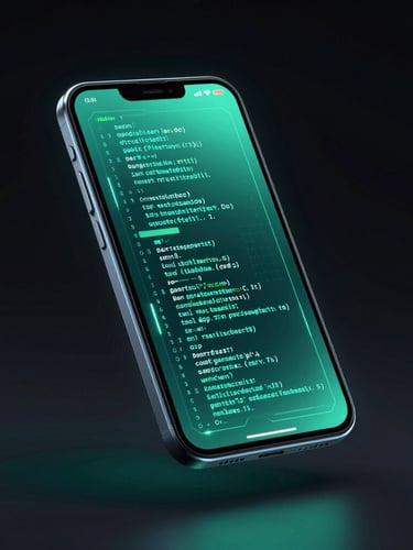Sleek 3D render of a high-fidelity Android device mockup floating in dark space, glowing cyber teal screen showing complex code structure, ambient neon backlighting, isometric perspective, sharp studio lighting