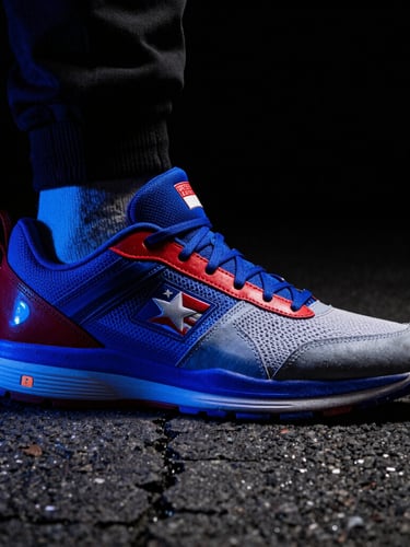 Low-angle heroic shot of a patriotic athletic shoe stepping onto cracked asphalt, dramatic rim lighting, vibrant royal blue gel highlights, sharp focus.