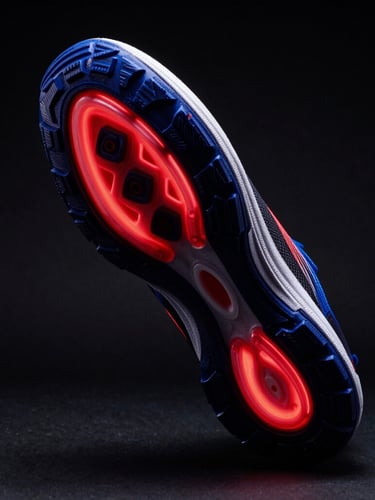 Dramatic studio product photography of a high-performance athletic shoe with heavy-duty tread, high-contrast rim lighting, vivid red gel highlights on a deep black background.