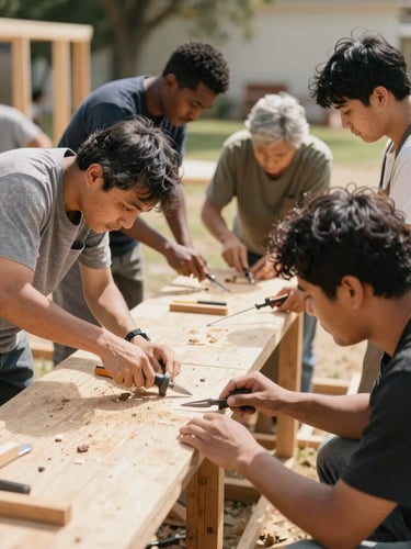 Diverse community members of all ages actively building a house, hands-on, with tools, bright natural daylight, warm gritty tones, candid action, shallow depth of field.