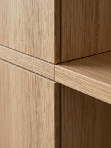 Minimalist architectural close-up of a perfectly aligned oak wood joint, soft natural side lighting, emphasizing precision and craftsmanship.
