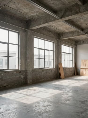 Wide architectural shot of a modern, clean industrial wood workshop, soft natural light streaming through high windows, clean slate-gray floors, minimalist aesthetic.