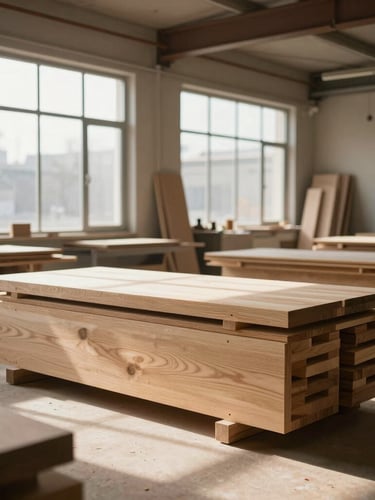 Portrait architectural shot of a modern joinery workshop, warm sunlight streaming through high windows onto premium oak timber stacks, clean dust-free environment, professional depth of field.