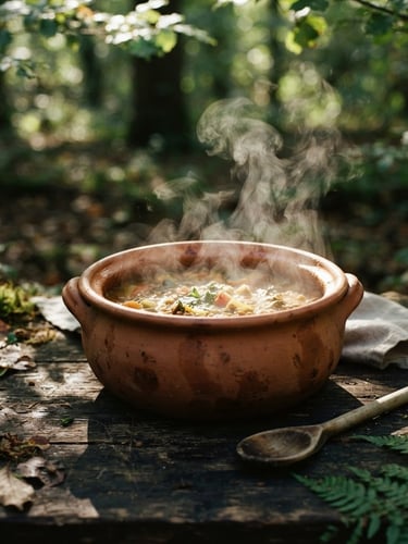 Warm editorial photography of a steaming terracotta clay pot on a dark wooden surface, dappled forest sunlight filtering through leaves, shallow depth of field, 35mm