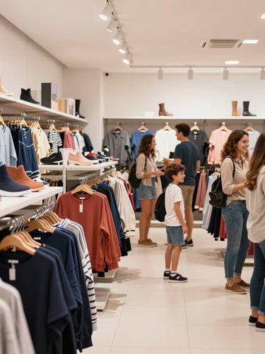 Interior moderno da loja Mega Estação, bem iluminado, com corredores amplos e expositores organizados de roupas e calçados, clientes sorrindo ao fundo, foco na atmosfera convidativa, imagem sangrando para a borda.