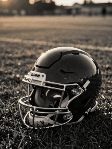 High-contrast black-and-white editorial photograph of a high school football helmet resting on grass, warm sunset light catching the silver metallic details, 35mm film style.